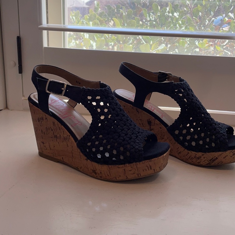 Jellypop Navy Blue Cork Wedge Platform Heel Slingback Sandal Shoe Comfort Fit